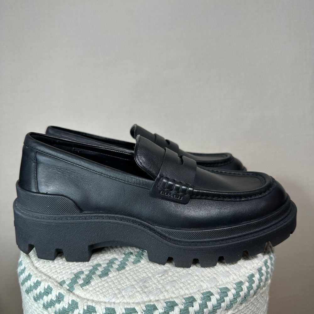 Coach Loafer In Signature Leather Black Chunky Lug Shoe Mens 8 Women 9.5